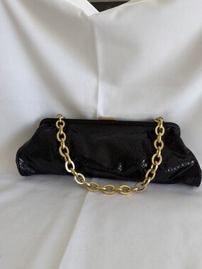 Black Snake-Texture Clutch with Gold Chain Strap